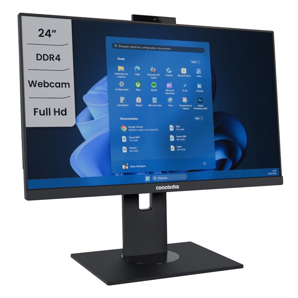 Computador All In One Concórdia Core i3 12100 8GB DDR4 SSD 256GB 23.8`` Full HD Webcam WiFi Windows 11 Pro Preto