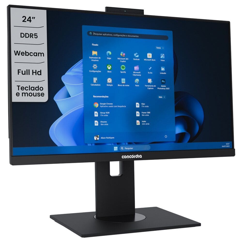Computador All In One Concórdia Core i3 12100 8GB DDR5 SSD 256GB 23.8`` Full Hd Webcam WIFI FreeDos Preto