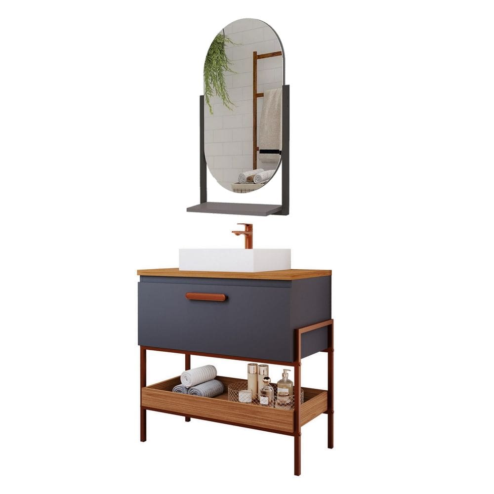 Armário Banheiro 80cm Mdf Porta Pratelei Espelheira Titanium