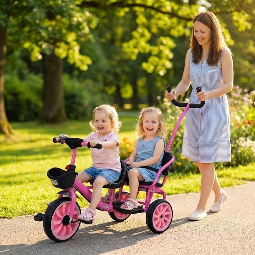 Triciclo Duplo Infantil 2 Lugares com Empurrador Tipo Carrinho Bicicleta Passeio Cesto Campainha e Haste Guia