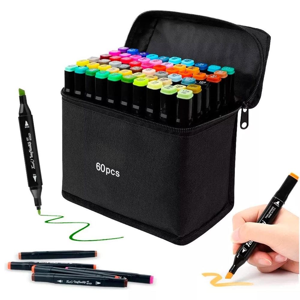 Kit Canetinha 60 Unidades Estojo Desenho