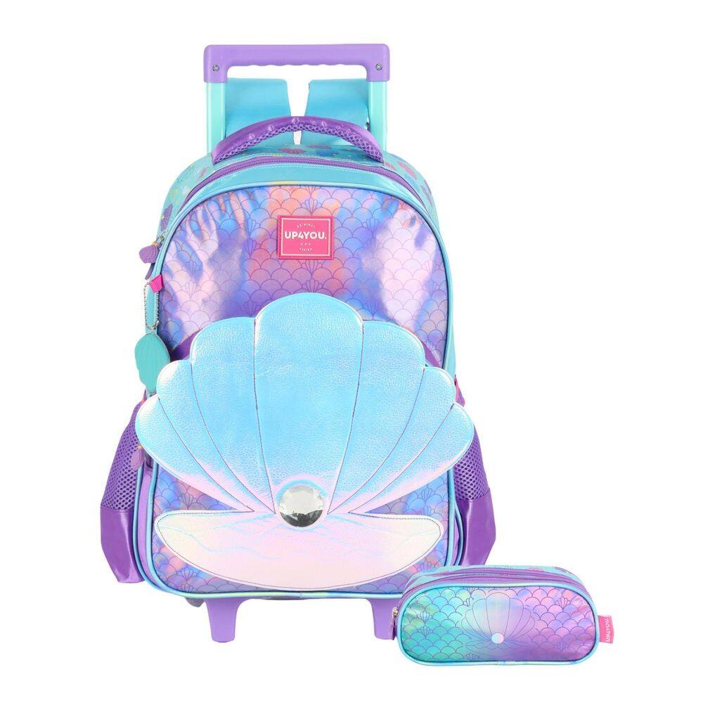 Kit Escolar Concha Lilás Mochila Rodas + Estojo Triplo