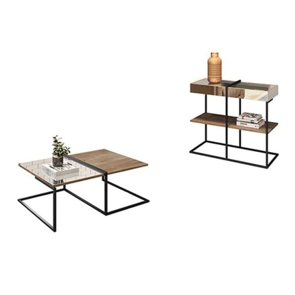 Kit Mesa De Centro Aparador Espelhado Aurora Demolição Preto