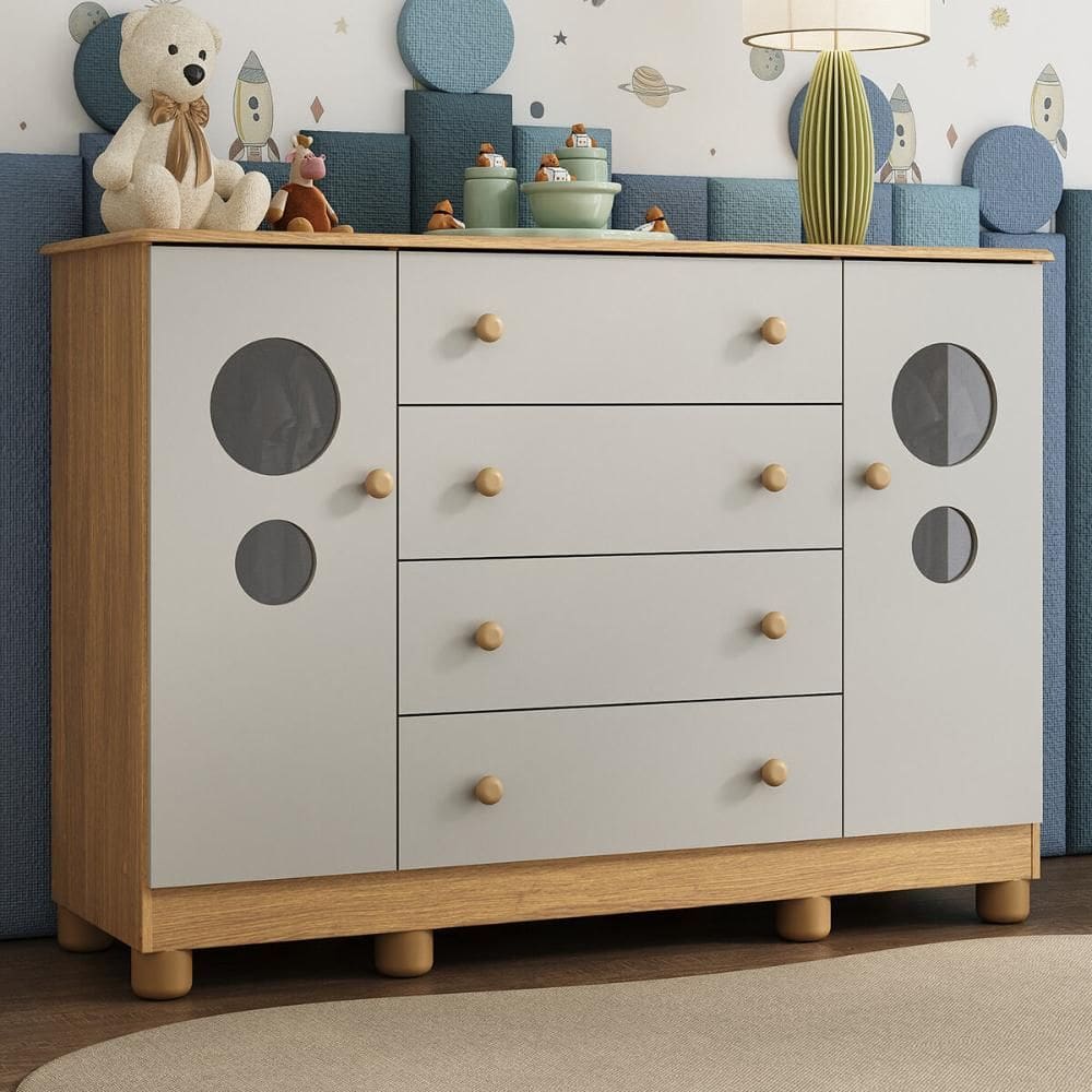 Cômoda Infantil 125cm 2 Portas com Vidro e 4 Gavetas Bombom Multimóveis MP4465
