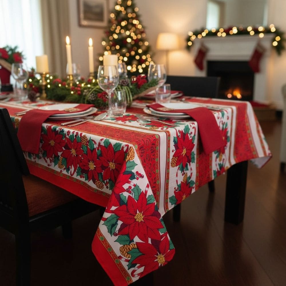 Toalha de Mesa Retangular 150x220 Natal Flores Tecido Oxford 100% Poliester