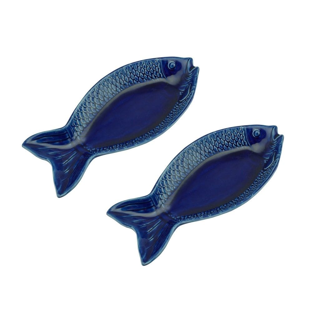 Cj 2 Travessas de Cerâmica C/Formato Peixe Ocean Azul 28x13cm Bon Gourmet
