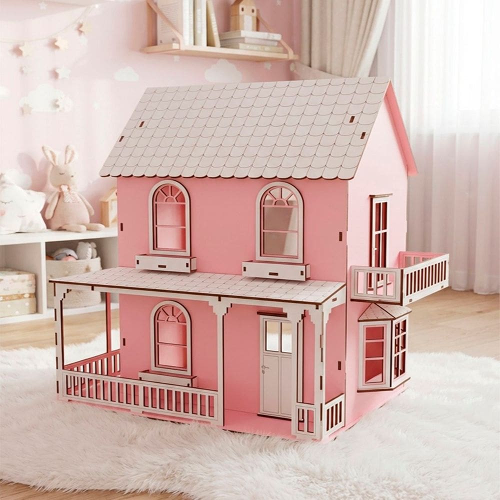 Casinha Boneca Rosa Branco Miniatura MDF Polly Barbie 38cm