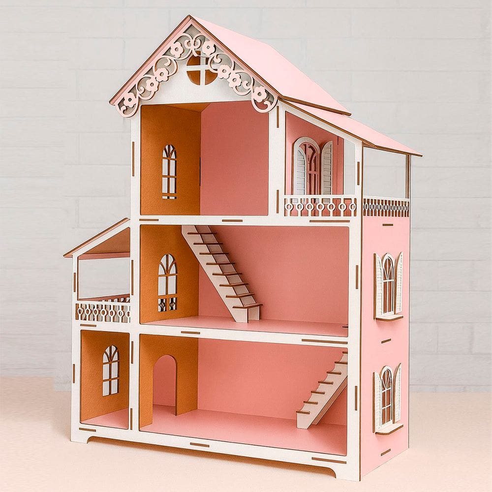 Casinha De Boneca Miniatura Rosa Branco Em MDF Polly De 60cm