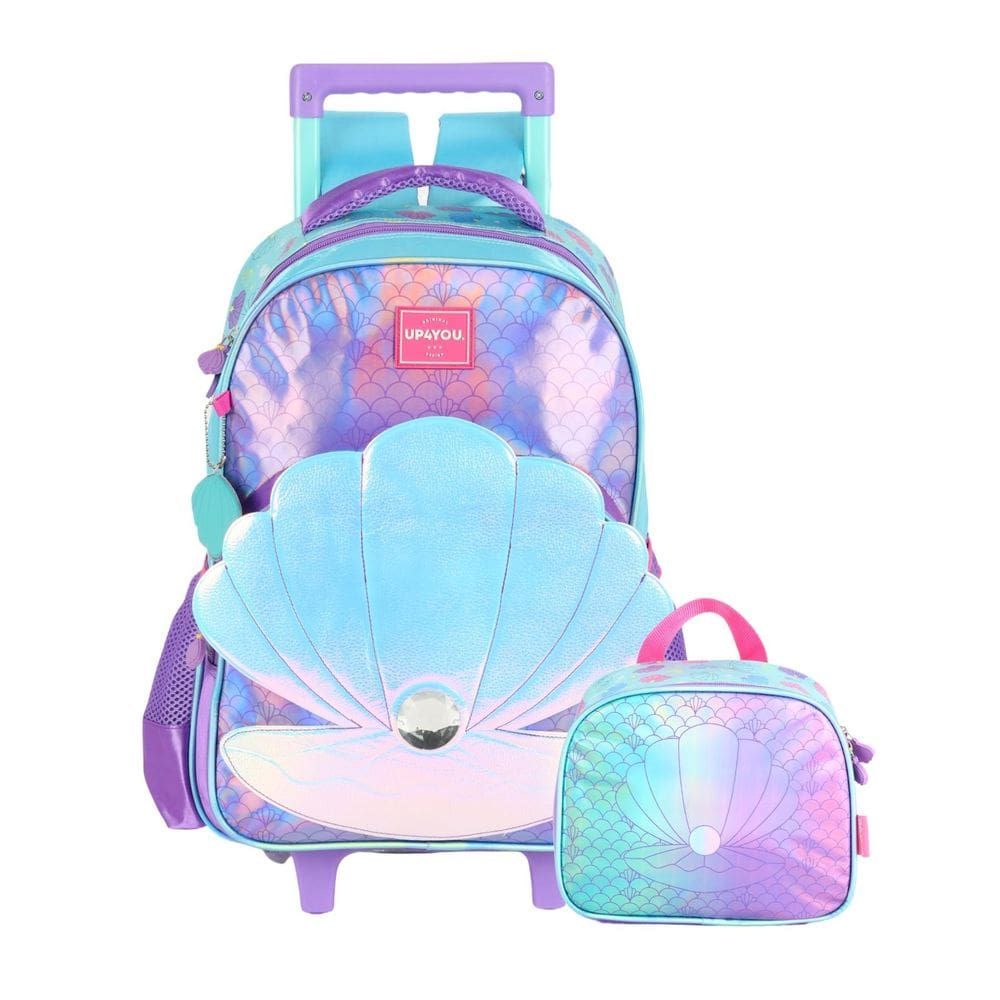 Kit Escolar Concha Lilás Mochila Rodas Costas + Lancheira