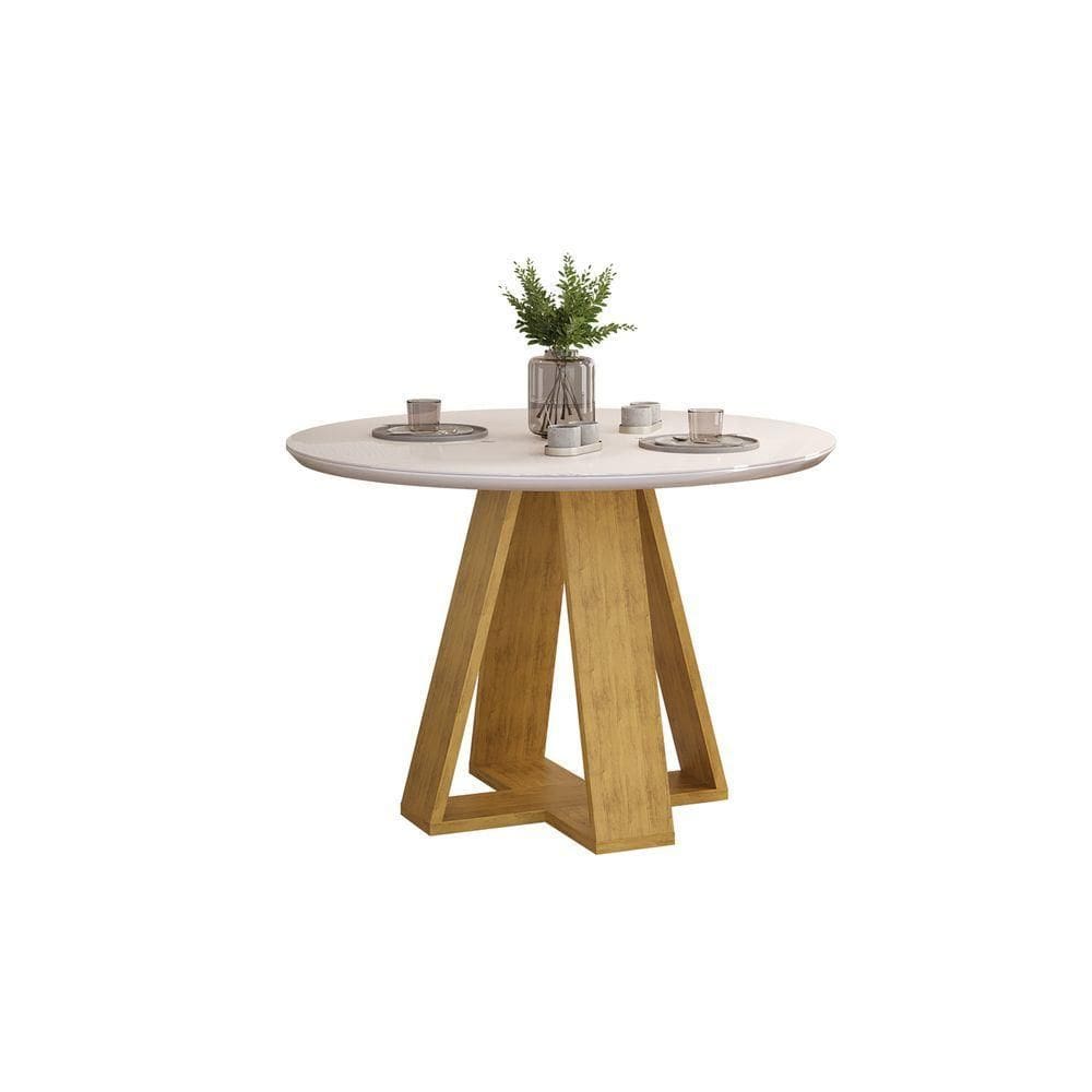 Mesa De Jantar Kiara Tampo Chanfrado Redondo Cedro Com Tampo Off White