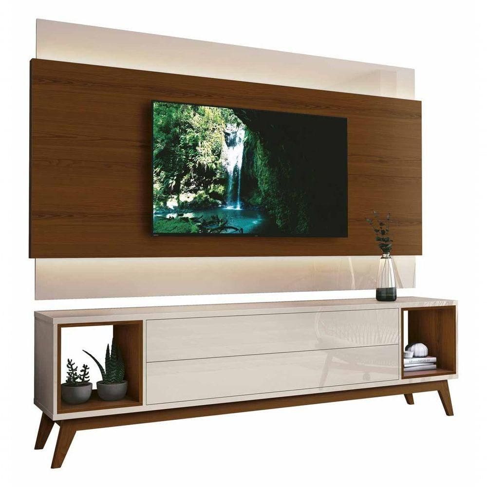 Rack Com Painel Delux 2.2 Com Led Off White Com Natural - Moveisaqui