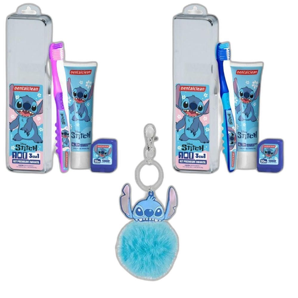 Kit Dental Premium Infantil Rosa Ou Azul + Chaveiro - Stitch