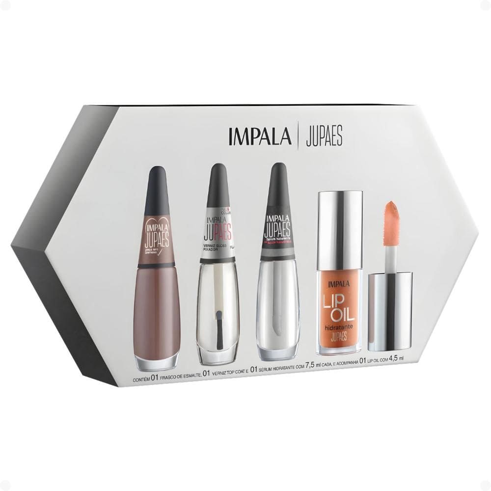 Kit Impala Ju Paes Virando O Jogo Peça Rara: Esmalte, Verniz Gloss, Sérum e Lip Oil