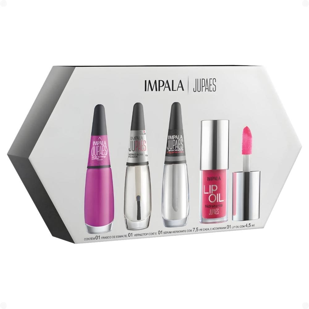 Kit Impala Ju Paes Virando O Jogo Cartas Na Manga: Esmalte, Verniz Gloss, Sérum e Lip Oil