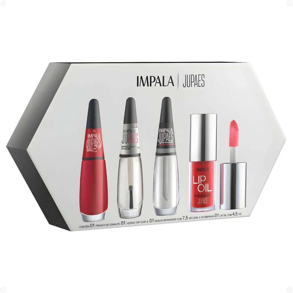 Kit Impala Ju Paes Virando O Jogo Xeque-mate: Esmalte Cremoso, Verniz Gloss, Sérum e Lip Oil