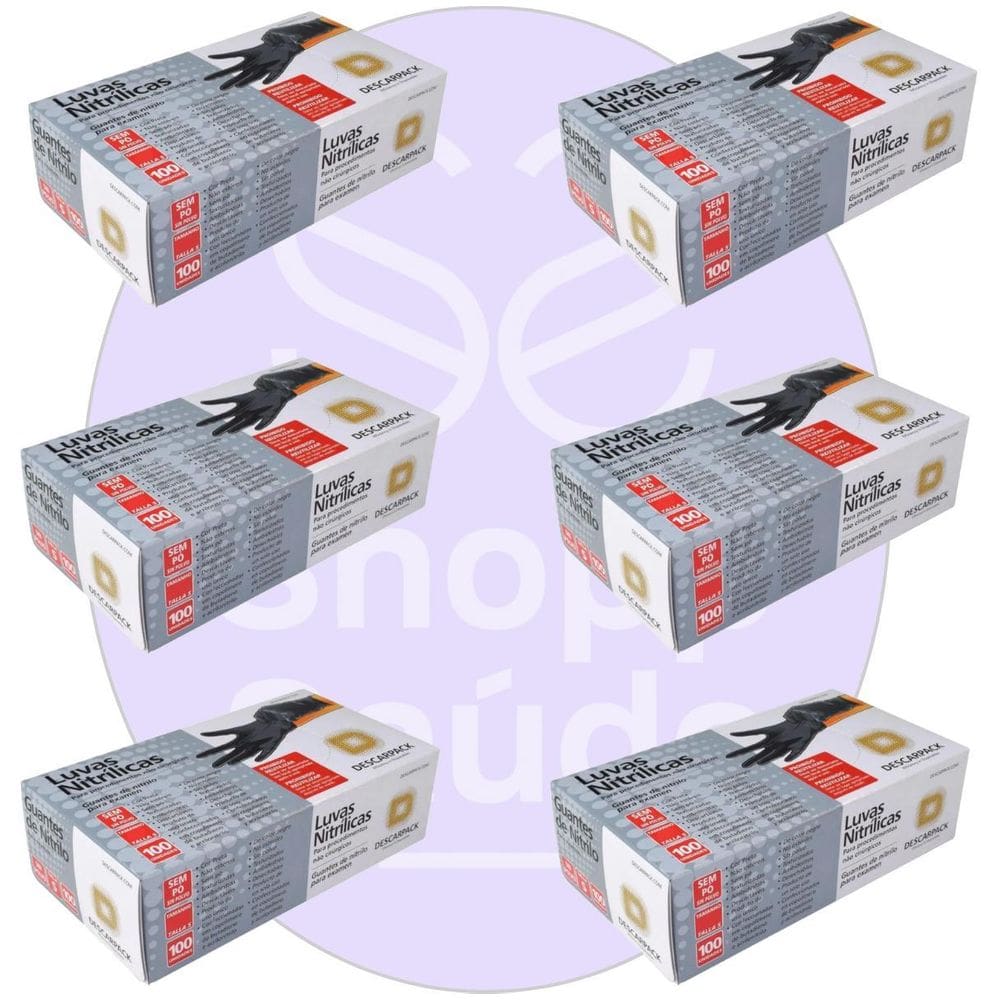 Kit 06 Luva Descartável Nitrílica Sem Pó Preta P Descarpack