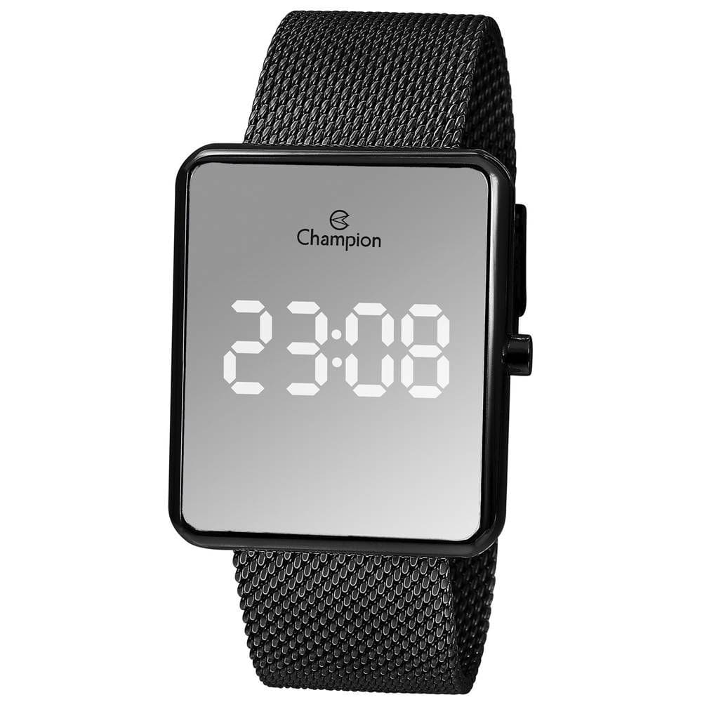 Relógio Champion Feminino Ref: Ch48180k Led Espelhado Retangular Mesh Black