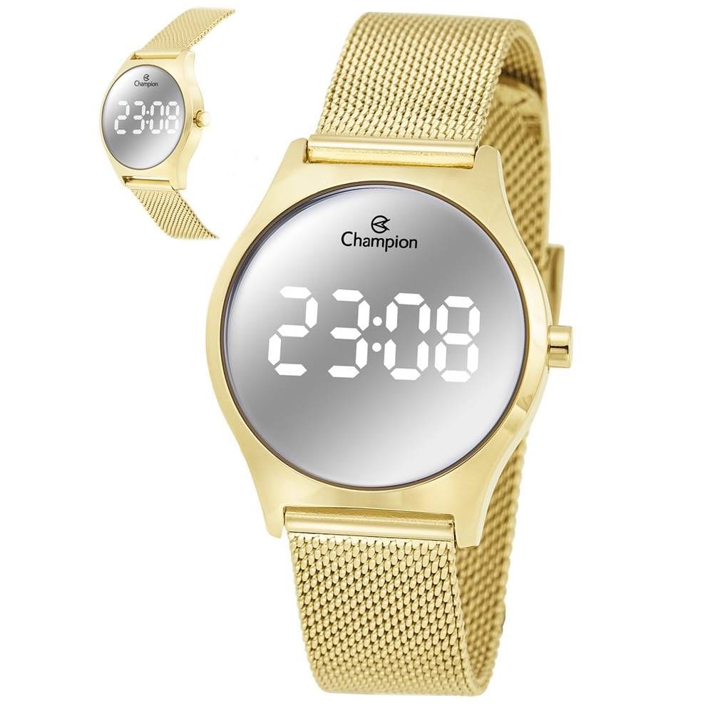Relógio Champion Feminino Ref: Ch48171b Led Espelhado Mesh Dourado
