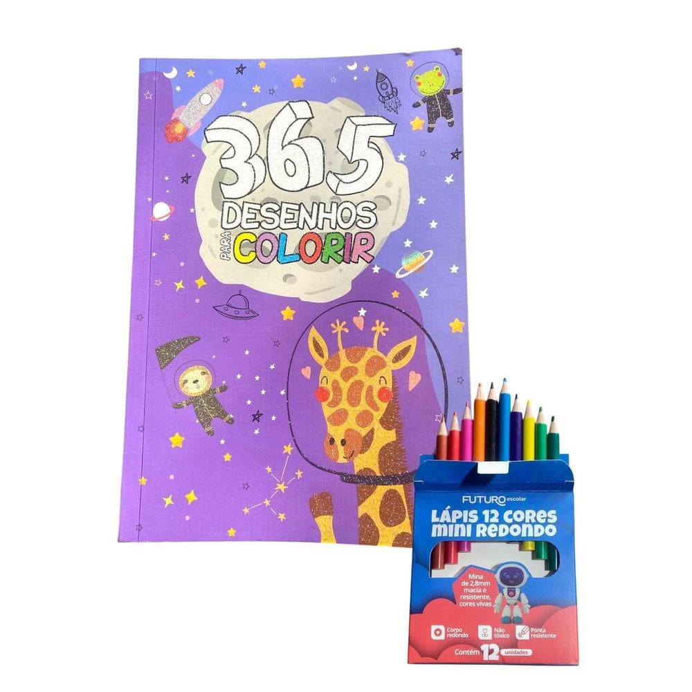 Kit Livro Roxo 365 Desenhos Para Colorir + 12 Lápis De Cor