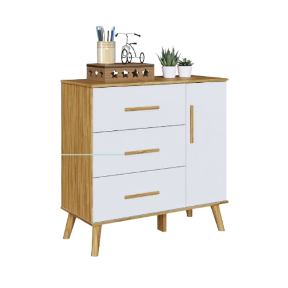 Cômoda Bebe Infantil Peroba Sky 1 Porta Lisa  Branco/Amêndoa