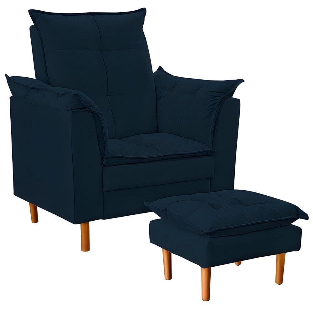Poltrona De Amamentação Quarto De Bebê Com Puff Melina Suede Azul Marinho