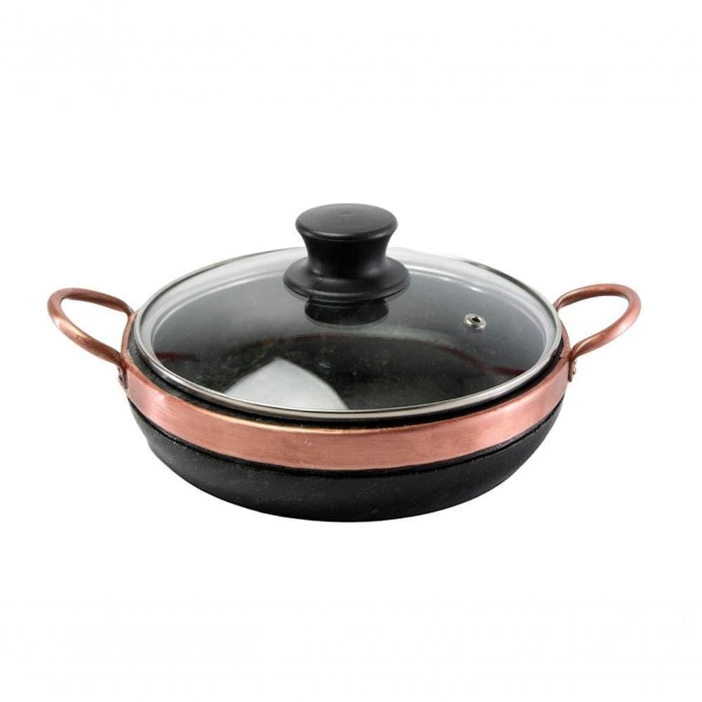 Frigideira De Pedra Sabão 24 Cm Com Tampa De Vidro