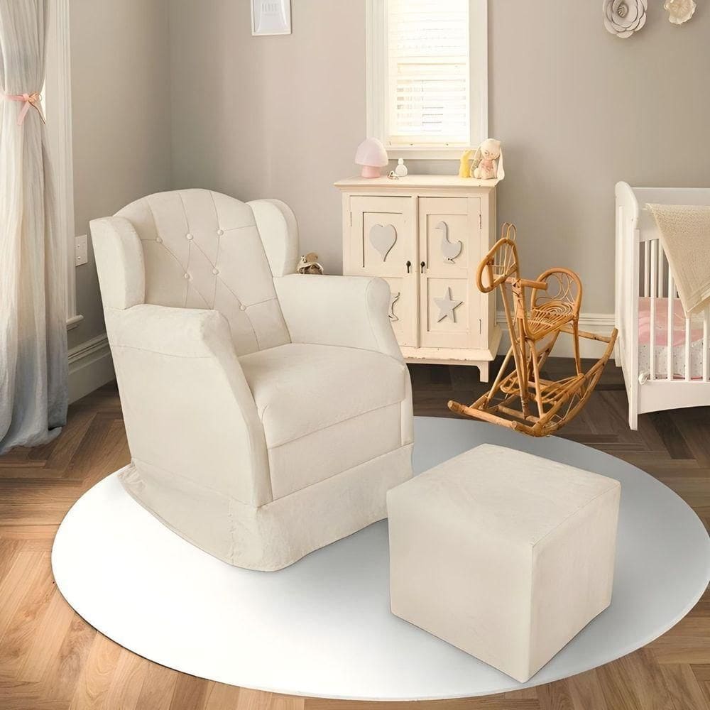 Poltrona Decorativa Amamentação Balanço Puff Bebê Corino Bege