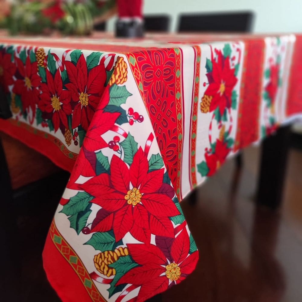 Toalha de Mesa Quadrada 150x150 Natal Flores Tecido Oxford 100% Poliester