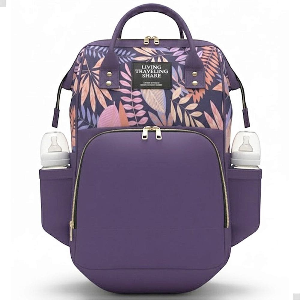 Mochila Maternidade Cor Roxo Floral Grande Mamãe Bebê