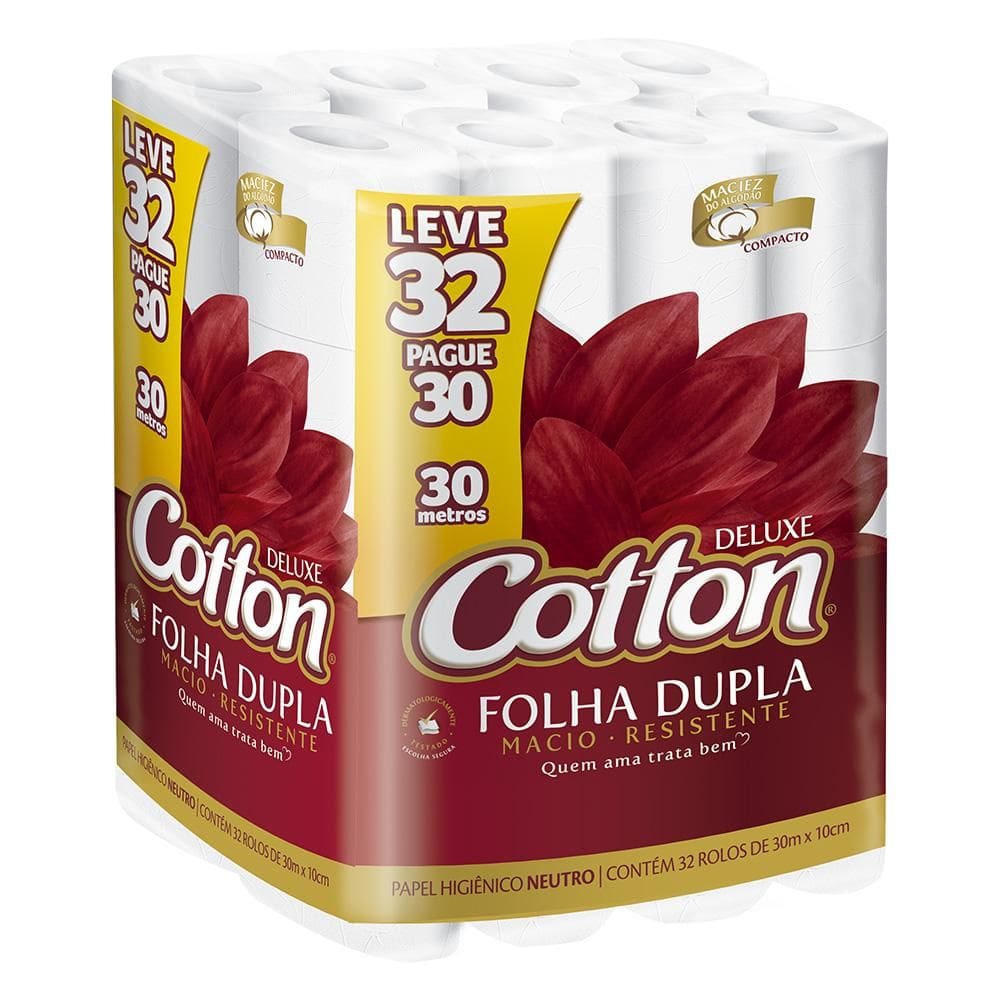 Papel Higienico Cotton Folha Dupla 30m 32 Unidades