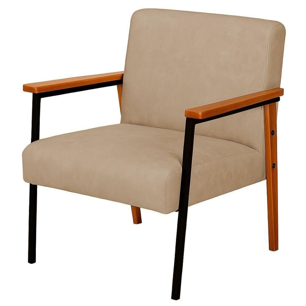 Poltrona Fontana Couro Bege Base Em Madeira Com Metal Preto