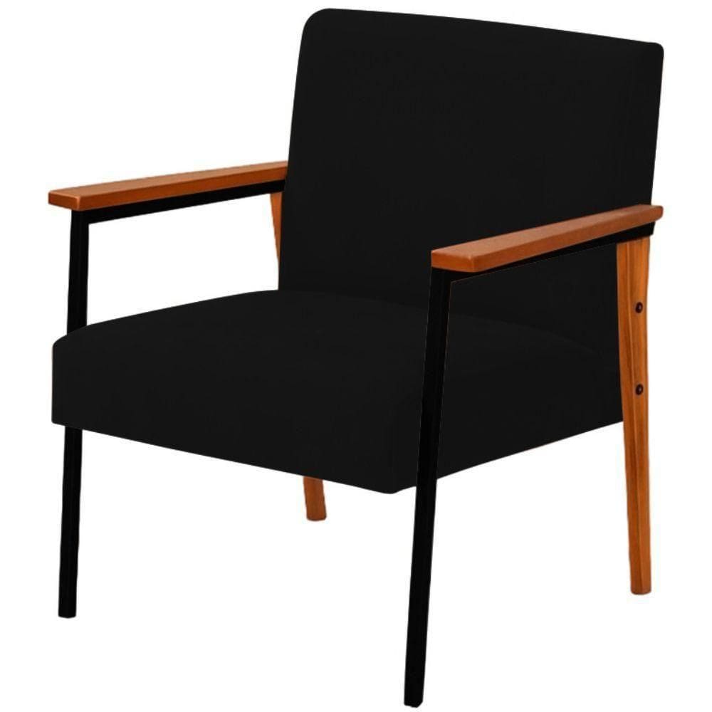 Poltrona Fontana Veludo Preto Base Em Madeira Com Metal Preto