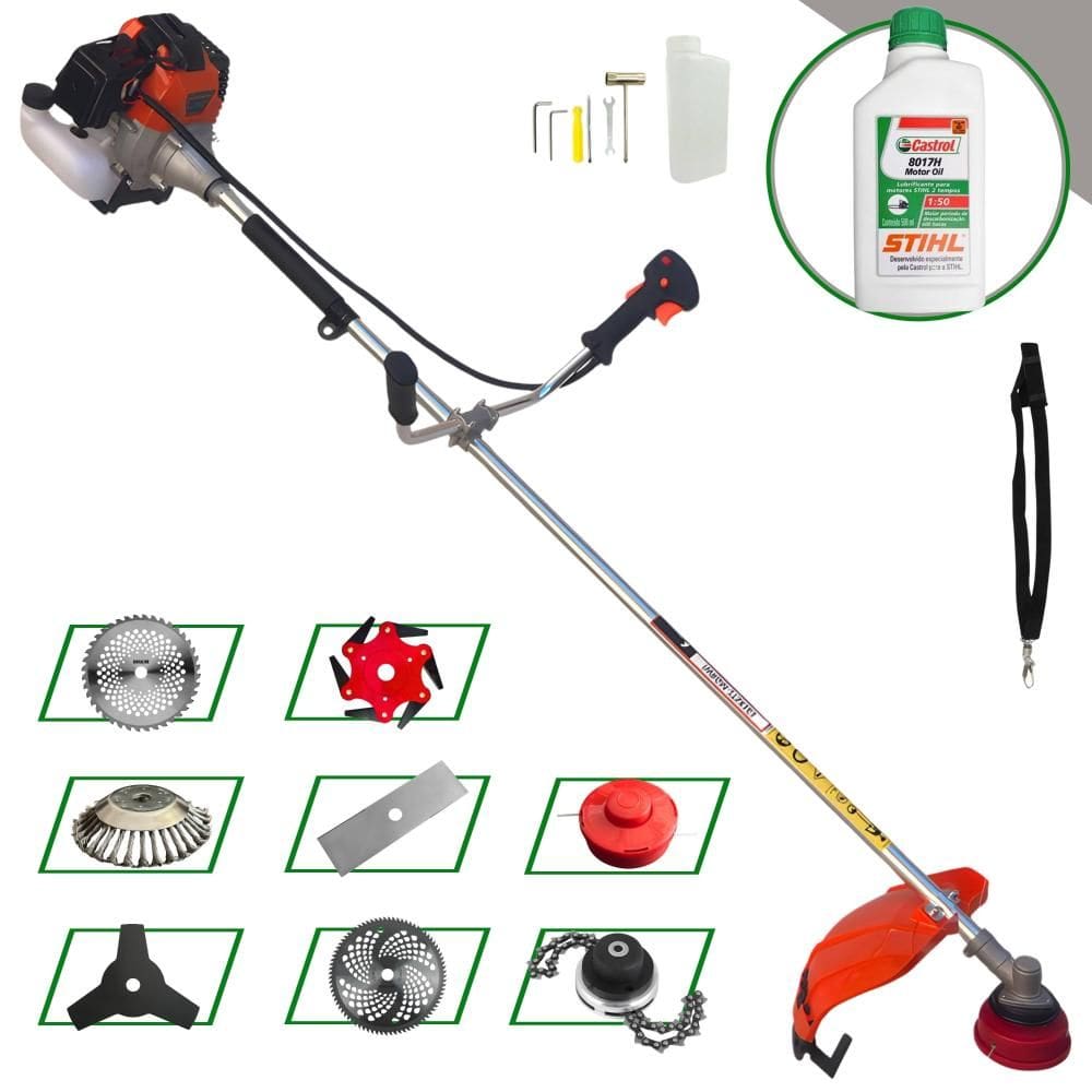 Podador de Grama Import Way IWRGM2T5X163 63cc Com Carretel + Facas 2 Pontas, 3 Pontas, 6 Pontas, 40 Dentes, 80 Dentes, Trimmer e Escova + Óleo Stihl