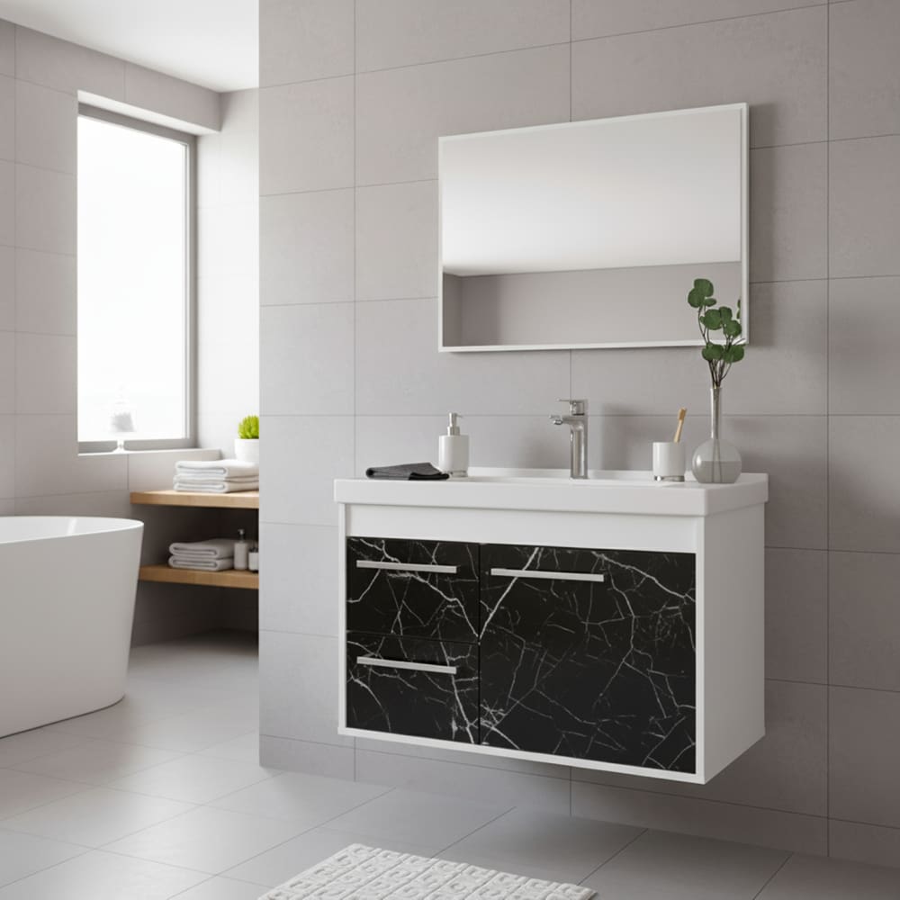 Kit Armário para Banheiro 60cm MDF com Cuba + Espelheira - Potenza Preto