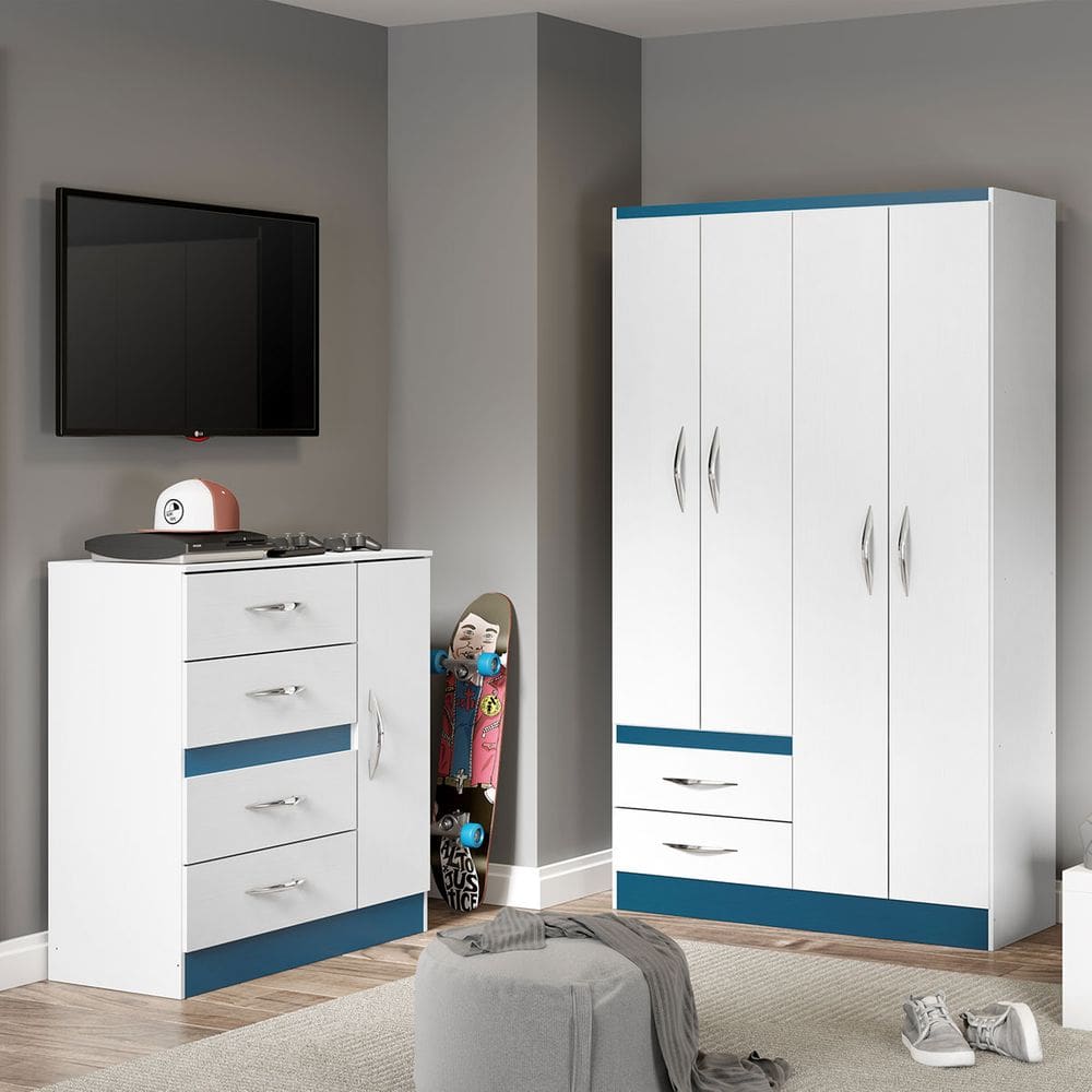 Kit Completo para Quarto Infantil Guarda-roupa Cômoda Mdp Branco Azul 2074 Menu