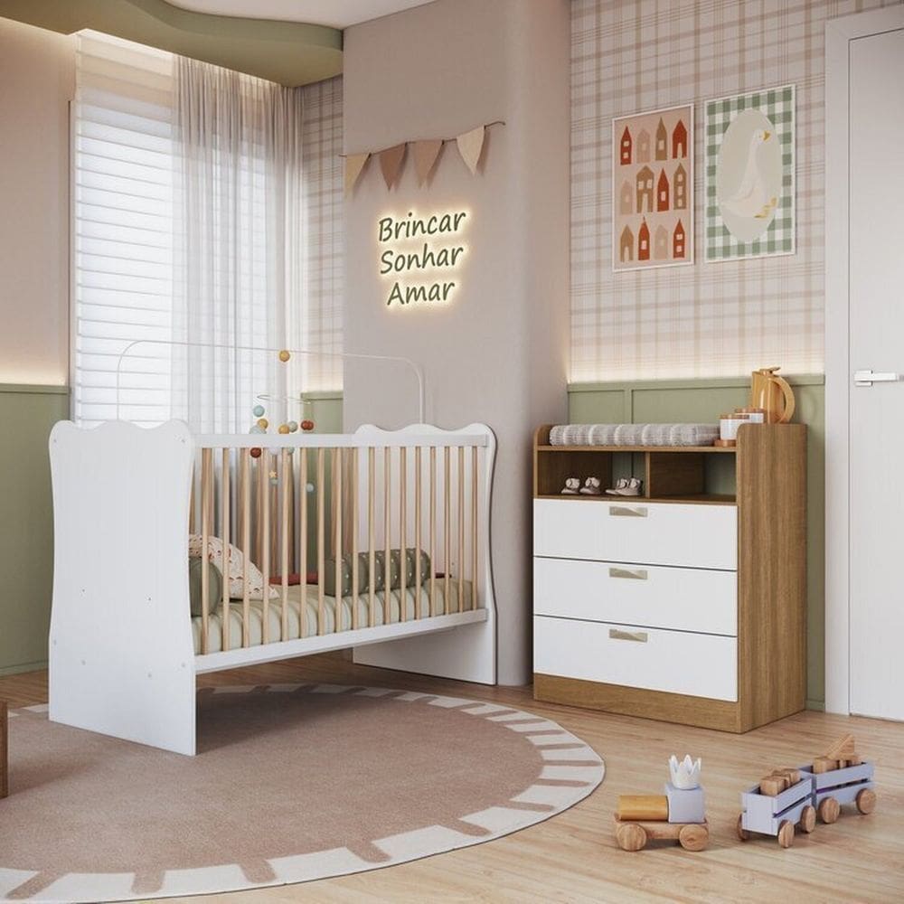 Quarto Infantil com Cômoda 3 Gavetas e  Berço Branco/Mel
