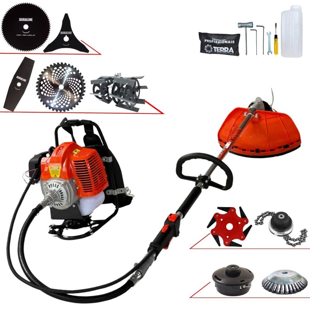 Roçadeira Costal Profissional Completa Terra GRC430 À Gasolina Motor 2T 43cc 1,7HP de Potência Alta Rotação Com Carretel + Kit 8 Opções de Cortes