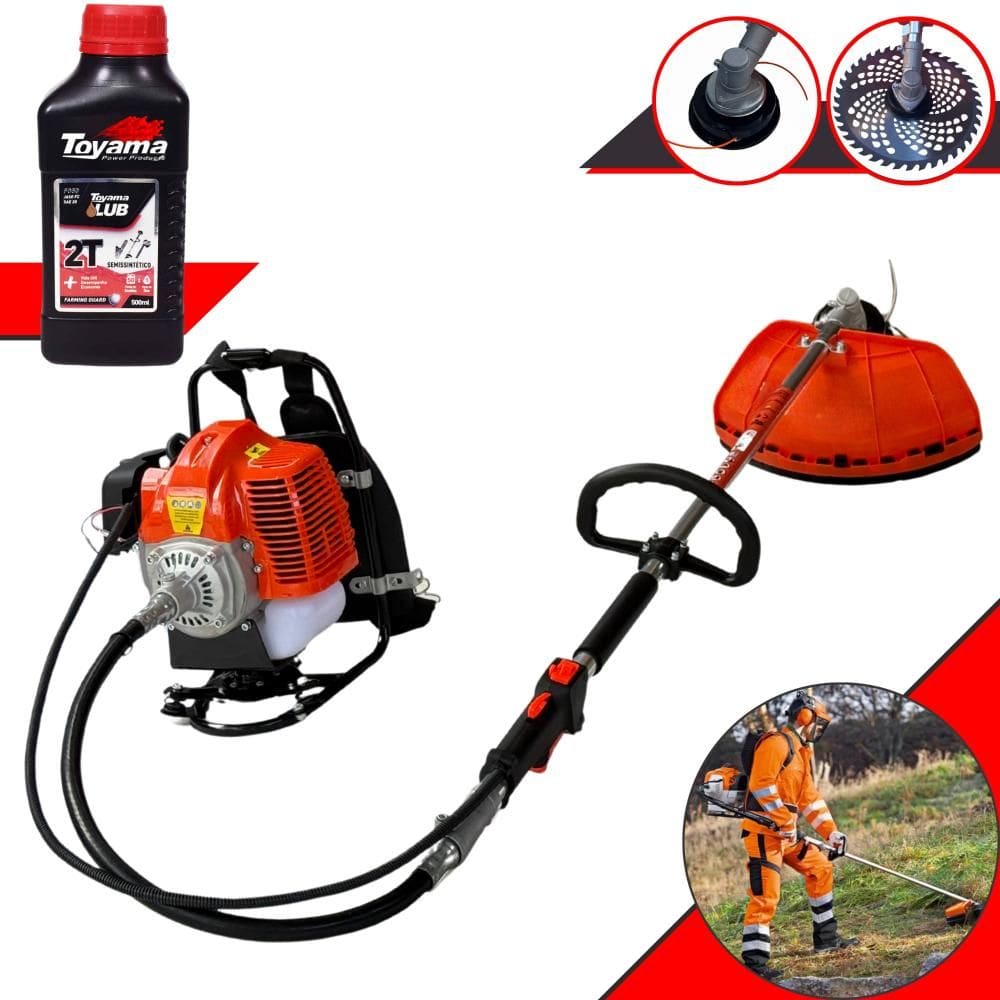 Roçadeira Costal À Gasolina Terra GRC430 43cc 1,7HP Alta Rotação Máquina de Corta Grama Com Carretel Nylon + Faca 40 Dentes de Vídea + Óleo Toyama 2T