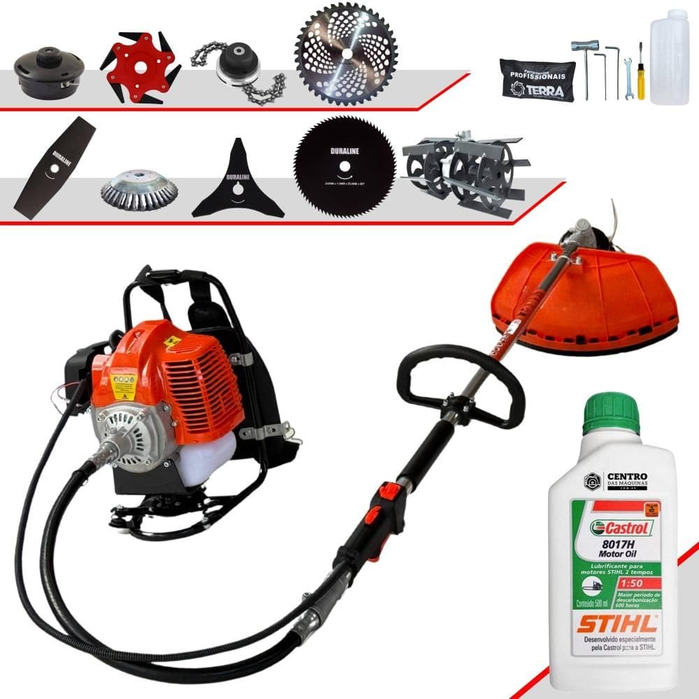 Máquina de Cortar Grama Costal À Gasolina Terra GRC430 43cc 1,7HP de Potência Roçadeira Profissional Completa Com 9 Opções de Cortes + Óleo Stihl 2T