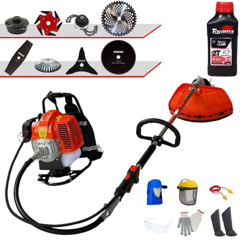 Roçadeira Costal Terra GRC430 43cc Com Carretel + Facas 2 Pontas, 3 Pontas, 6 Pontas, 40 Dentes Vídea, 80 Dentes, Trimmer e Escova + Óleo Toyama + EPI