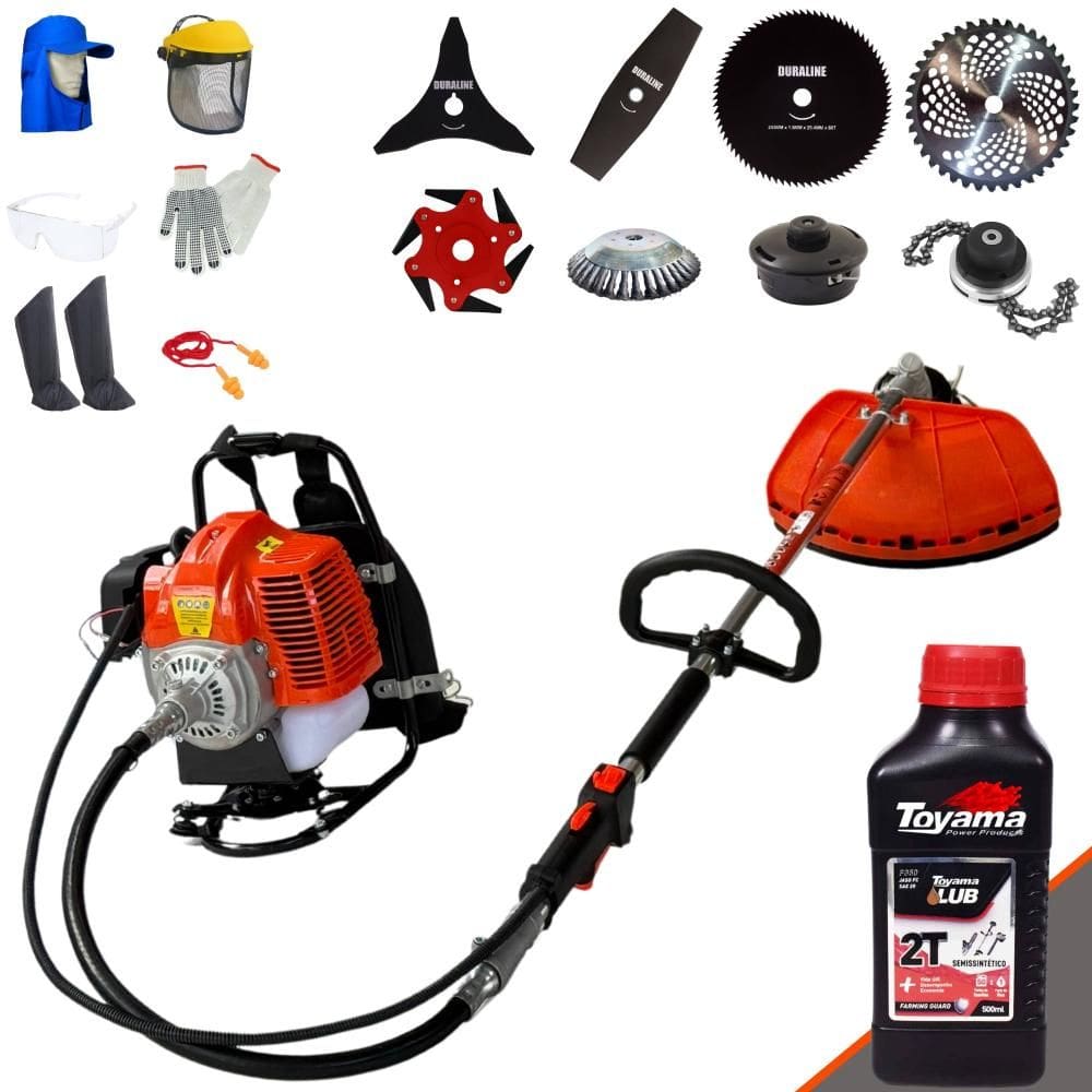 Roçadeira Costal Terra GRC430 Com Carretel + Faca 2 Pontas + 3 Pontas + 6 Pontas + 40 Dentes Vídea + 80 Dentes + Trimmer + Escova + Óleo Toyama + EPI
