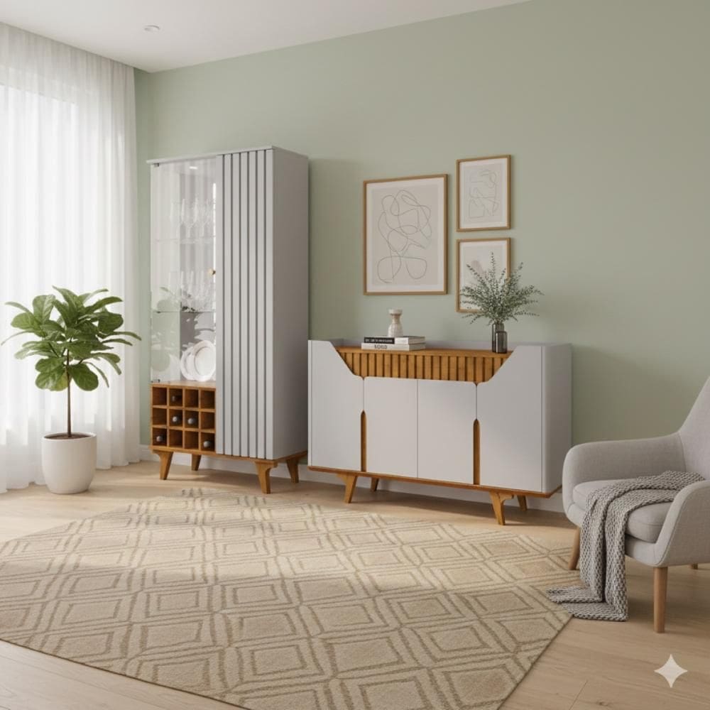 Kit Cristaleira Elba e Aparador Tâmisa Ripado LED Sala Adega