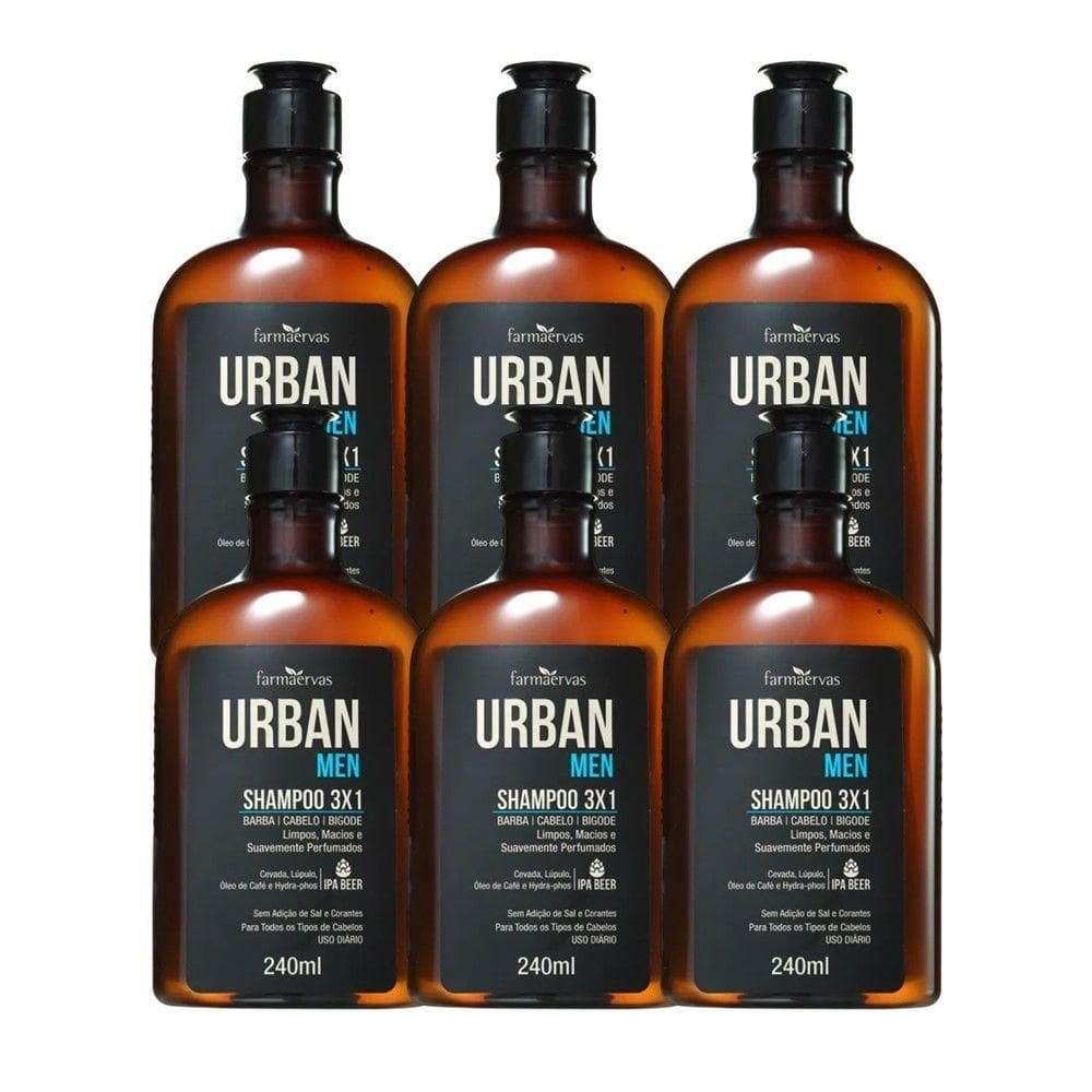 Kit 6 Shampoo 3 Em 1 Barba Cabelo Bigode Masculino 240ml Urban Men Farmaervas