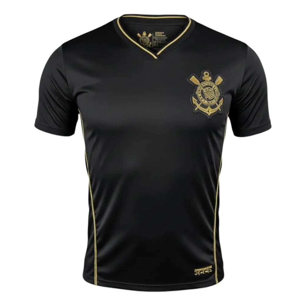 Camisa Corinthians Dry Gola V Trançador Logo Bordado Gold
