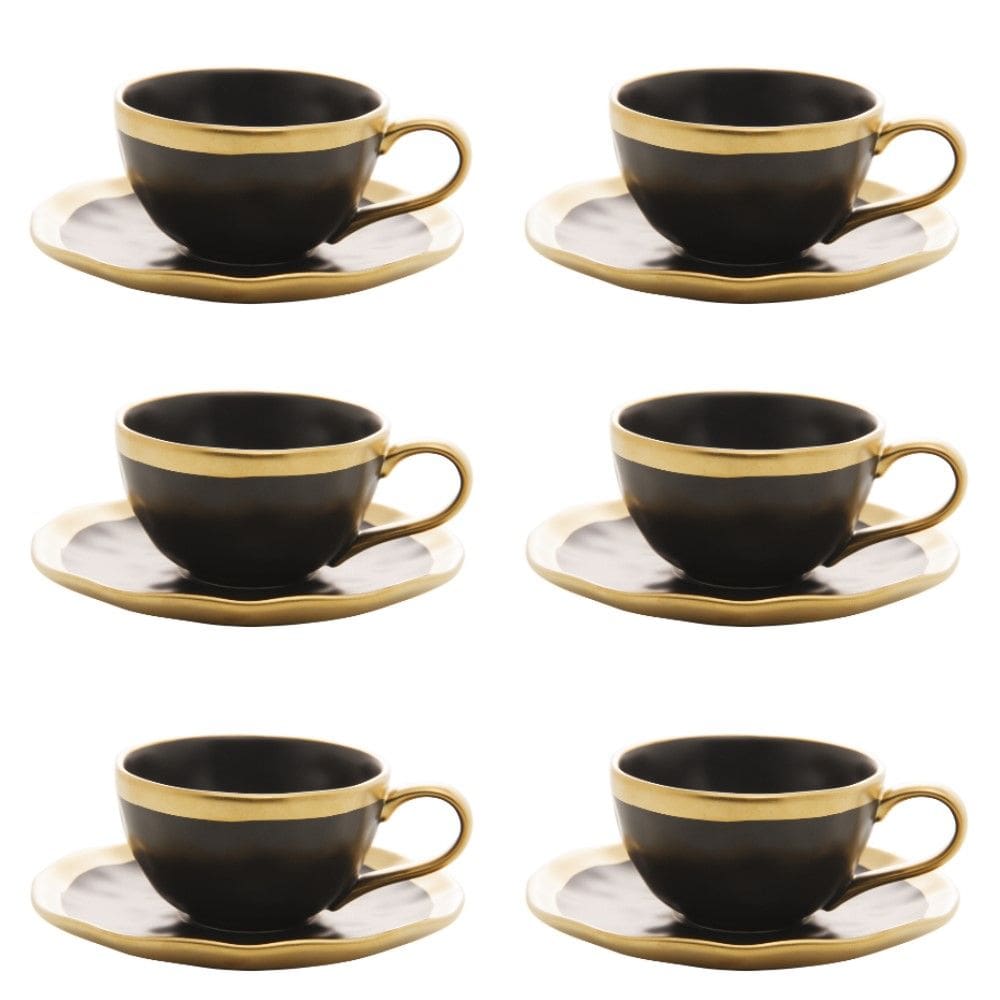 Conjunto de Xícara de Chá com Pires 06 Peças Dubai Preto e Dourado 200ml Wolff