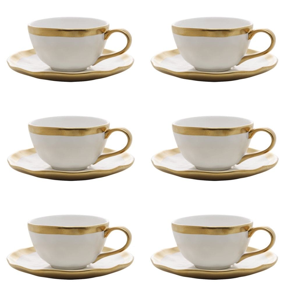 Conjunto de Xícara de Chá com Pires 06 Peças Dubai Branco e Dourado 200ml Wolff