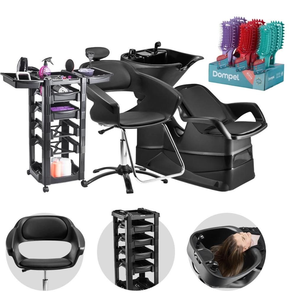 Kit Salão de Beleza Cadeira Manual + Lavatório com Cuba + Carrinho Auxiliar + 9 Escovas - Dompel