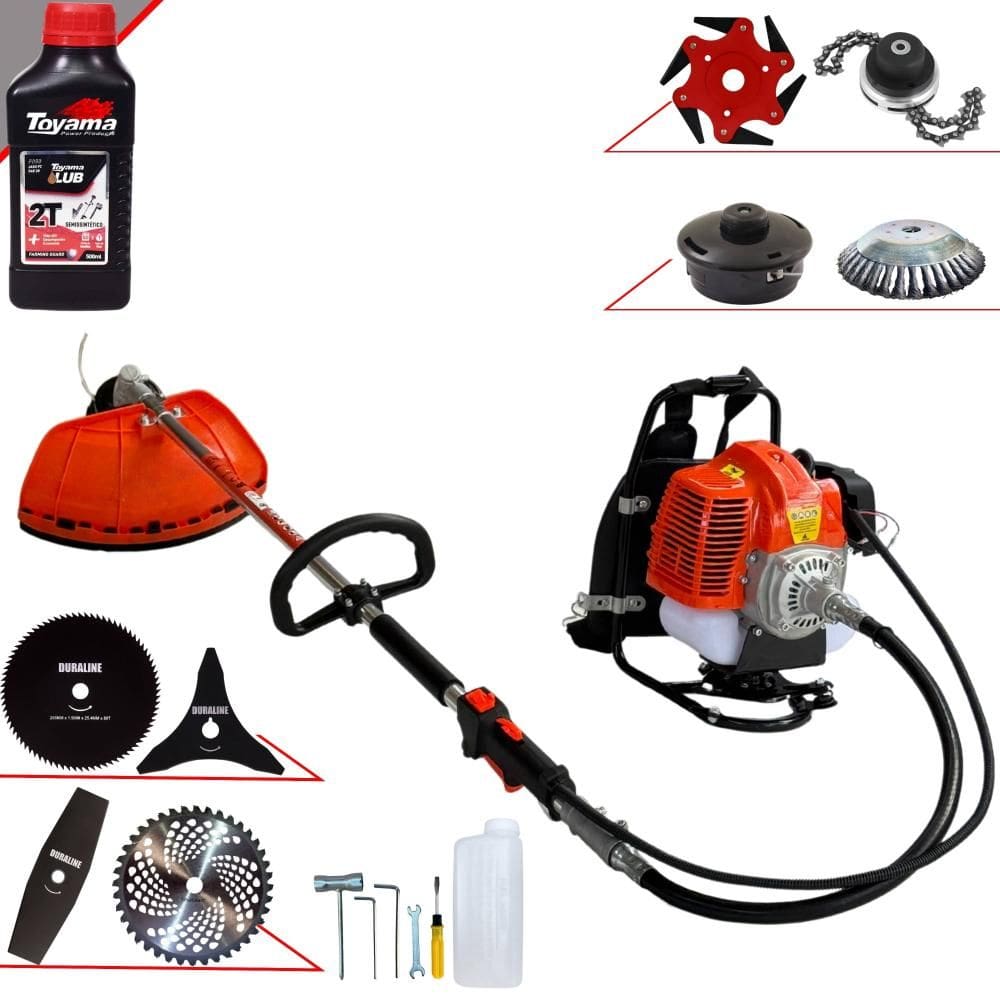 Roçadeira Costal Terra GRC430 43cc 1,7HP Com Carretel + Facas 2 Pontas, 3 Pontas, 6 Pontas, 40 Dentes Vídea, 80 Dentes, Trimmer e Escova + ÓLEO TOYAMA
