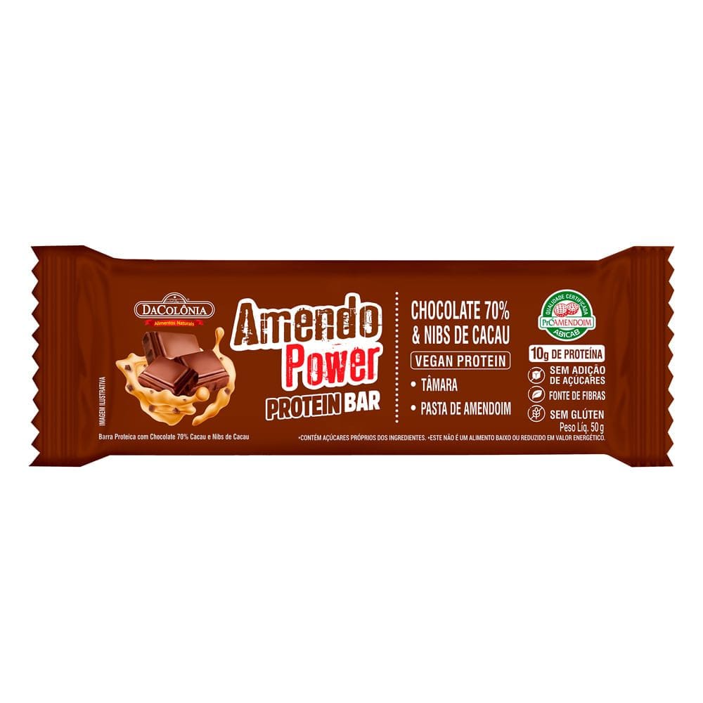 Barra de Proteína AmendoPower Protein Bar 10g de Proteína Sabor Chocolate 70% e Nibs de Cacau 50g