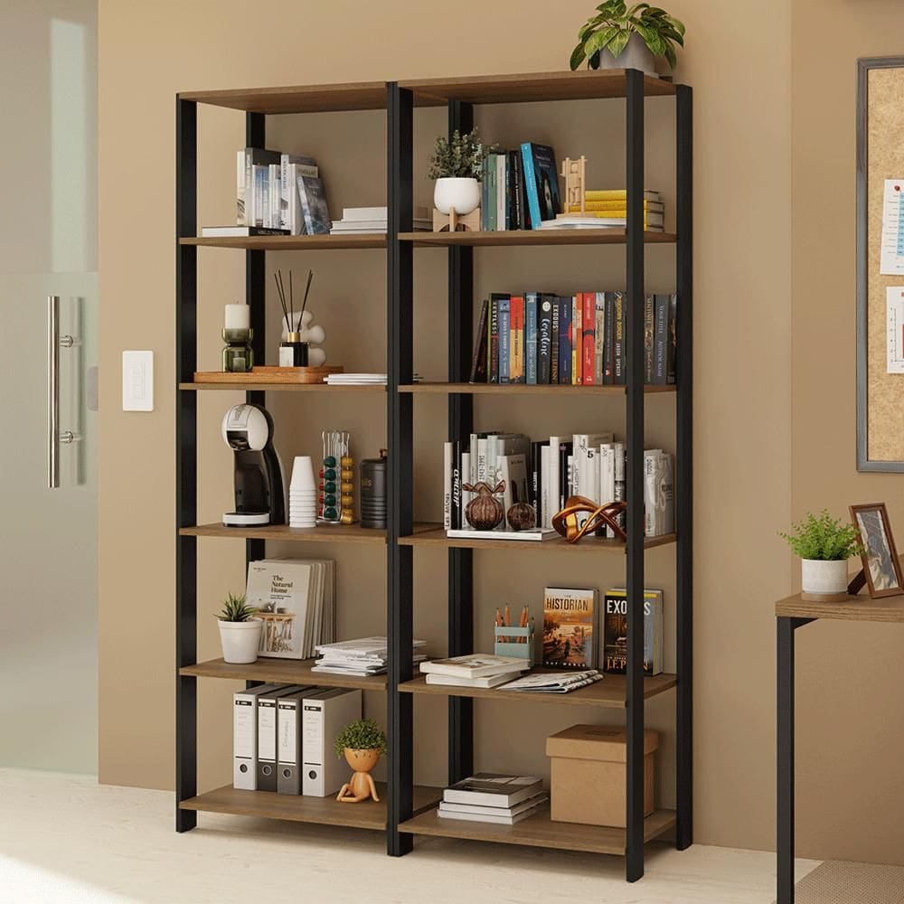 Estante Armário Multiuso para Escritório 118cm 10 Prateleiras Rustic/Preto Madesa